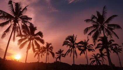 Wall Mural - silhouette coconut palm tree on sunset sky background