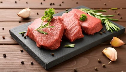 Wall Mural - pieces of fresh beef with herbs garnish on black wooden board background on dark wood table counter top down view