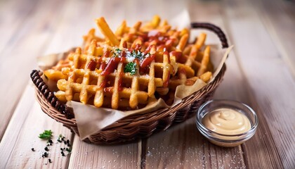 Wall Mural - crispy waffle fries with a sprinkle of sea salt served in a vintage basket with a side of sriracha mayo