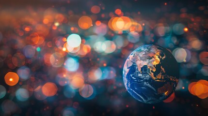 Wall Mural - Blurry city lights highlight Planet Earth in the background, representing business, politics, ecology, and media. Abstract Earth Day concept. 