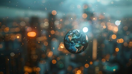 Wall Mural - Blurry city lights highlight Planet Earth in the background, representing business, politics, ecology, and media. Abstract Earth Day concept. 