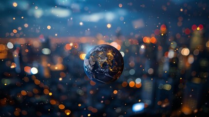 Wall Mural - Blurry city lights highlight Planet Earth in the background, representing business, politics, ecology, and media. Abstract Earth Day concept. 