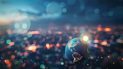 Wall Mural - Blurry city lights highlight Planet Earth in the background, representing business, politics, ecology, and media. Abstract Earth Day concept. 