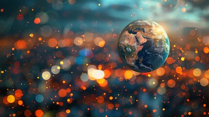 Wall Mural - Blurry city lights highlight Planet Earth in the background, representing business, politics, ecology, and media. Abstract Earth Day concept. 