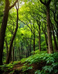 A deep forest with dazzling fresh green leaves