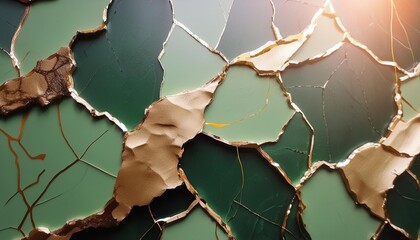 Wall Mural - kintsugi art japanese wallpaper cracked wall green and golden glowing details