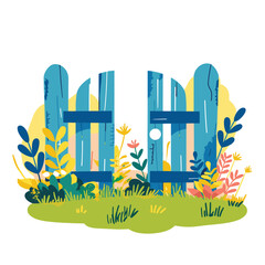 Old blue wooden gate garden surrounded colorful plants flat. Rustic fence illustration vibrant foliage isolated white background. Garden entrance shrubbery tall grass vector illustration