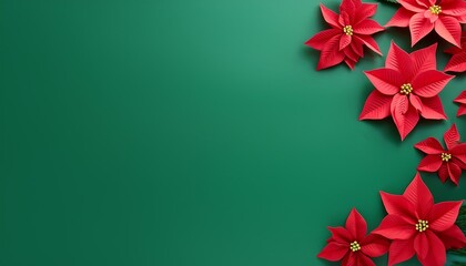 Wall Mural - christmas red poinsettia flower paper cut style pattern with copy space on a green background