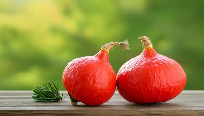 red kuri or uchiki kuri squash on an old wooden table with green background