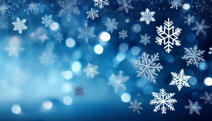 Wall Mural - christmas and new years holiday blue bokeh background with snowflakes