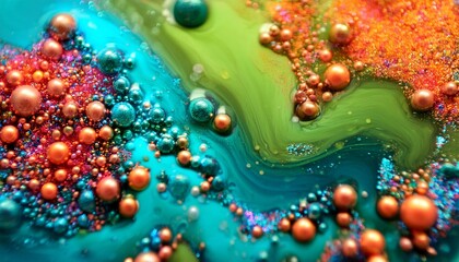 Canvas Print - bright abstract flow sequined paint liquid art combined bright cyan fuchsia orange lime bubbles swirling on water surface with glitter