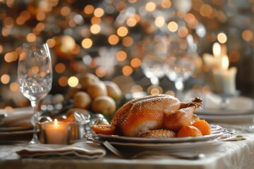 Roasted Turkey Centerpiece on Festive Table With Holiday Decorations and Twinkling Lights