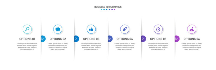 Wall Mural - Horizontal progress bar featuring 6 arrow-shaped elements, symbolizing the six stages of business strategy and progression. Clean timeline infographic design template. Vector for presentation