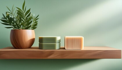 simple yet elegant display of two soaps on a shelf natural setting with wood terra green colors minimal plant and ceramic decor generated with ai