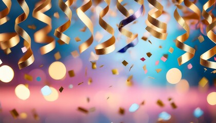 Wall Mural - colorful confetti and gold ribbons falling against a blurry blue and pink background