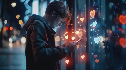 Aufkleber - A man uses his smartphone outdoors at night, surrounded by vibrant lights, interacting with social media and viewing likes represented by floating icons. Generative AI