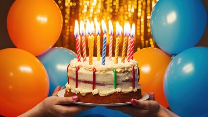 Poster - A person holding a cake with lit candles in front of balloons, AI