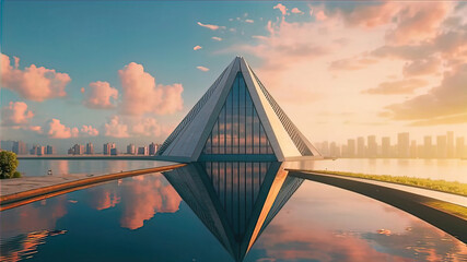 Wall Mural - Futuristic design of an exclusive building with smooth shapes at sunset, 4K photo