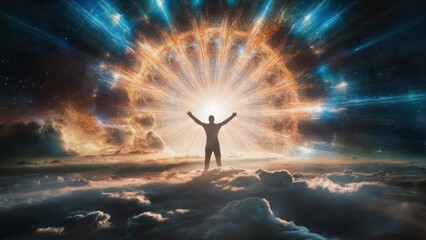 A man standing in the clouds with his arms raised up, AI