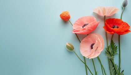 Wall Mural - beautiful peach pink and red poppy flowers on pastel blue background aesthetic minimal floral composition