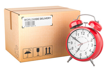 Poster - Parcel with alarm clock. Shipping and logistics, concept. 3D rendering isolated on transparent background