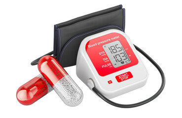Poster - treatment of hypertension, arterial high blood pressure. electronic sphygmomanometer with medicament