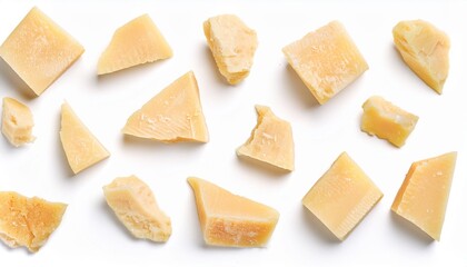 pieces of parmesan cheese isolated on white background pattern parmesan top view flat lay