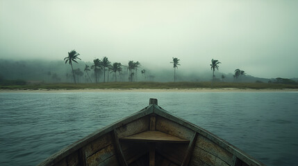 Sticker - Wooden Lifeboat Approaching a Beach: Photorealistic Gloomy Scene with Sparse Palm Trees