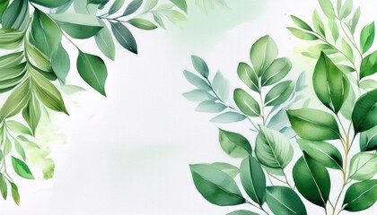 Wall Mural - green leaves snd flower watercolor background invitation template generative ai