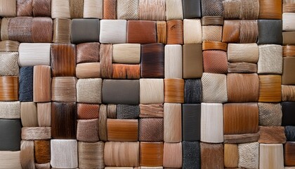 Wall Mural - a close up of a wall covered in square tiles made from woven natural materials featuring a mix of browns tans and grays