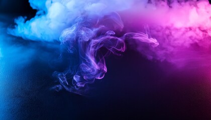 Wall Mural - clouds of colorful smoke in blue and purple neon light swirling on black table background