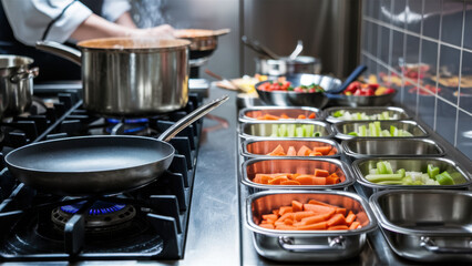 Canvas Print - A stove top with pans of food and a chef in the background, AI