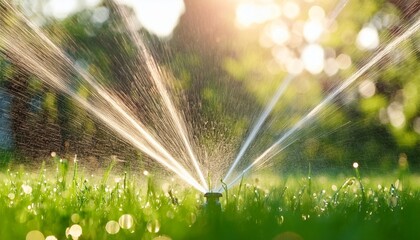 Wall Mural - a close up image of a sprinkler in a lush green lawn the sun shines through the water droplets creating a beautiful bokeh effect