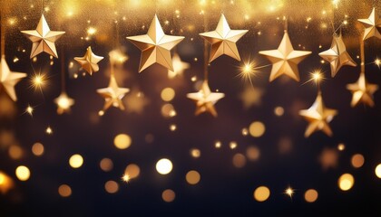 Wall Mural - golden starlight christmas banner on dark night sky with bokeh background