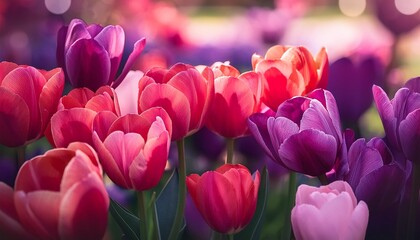 Wall Mural - dreamy close up background of colorful tulip flowers in red purple and pink