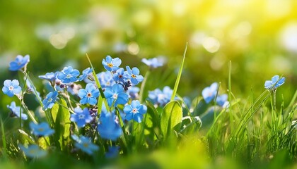 Wall Mural - forget me not flowers on green grass in sunny weather