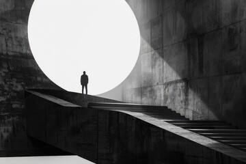 Poster - A person stands on a concrete staircase in front of a circular window, providing an interesting architectural feature