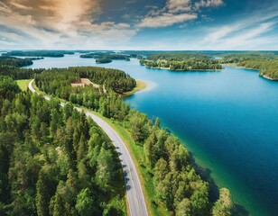 Aerial top view of country road in green summer forest and blue lake. Rural landscape in Finland. Drone photography from above.