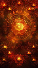 Poster - Elegant Diwali background featuring an intricate mandala pattern in vibrant shades of gold and deep red, embellished with glowing oil lamps and floral motifs. Oriental festival of lights. Ramadan