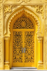Poster - A bright yellow door with intricate designs and carvings