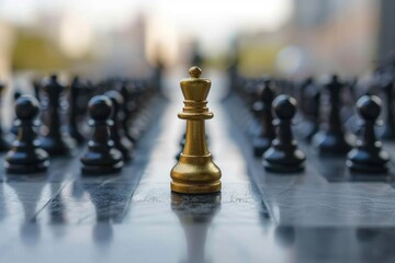 Poster - A gold-colored king figurine sits on a chess board, waiting for its next move