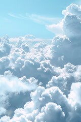 Poster - Aerial view of a plane soaring through fluffy white clouds in a clear blue sky