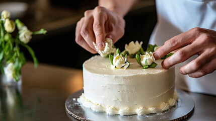 a baker’s hands delicately decorating a cake with icing on a countertop, pastry chef