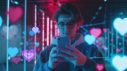 Aufkleber - A man uses his smartphone, surrounded by vibrant likes icons representing social media engagement in a modern digital environment. Generative AI