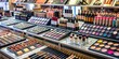 © BondGraphics - Colorful Makeup Palettes Displayed on Shelves in a Cosmetics Store, makeup , cosmetics , beauty , store