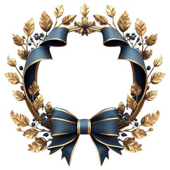 Wall Mural - Elegant gold and blue laurel wreath with ribbon, isolated on a transparent background, perfect for awards and emblems.
