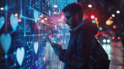 Aufkleber - A man uses his smartphone at night, immersed in digital communication surrounded by floating likes and heart icons symbolizing social media interaction. Generative AI