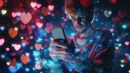 Aufkleber - A man interacts with his smartphone, immersed in a vibrant environment filled with colorful likes icons, representing digital communication. Generative AI