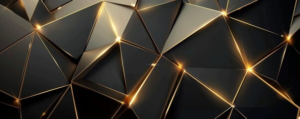 Wall Mural - Background with abstract, geometric pattern. 3D triangles in black and gold. Elegant wallpaper design for a banner or cover. Polygonal shapes with decorative patterns.