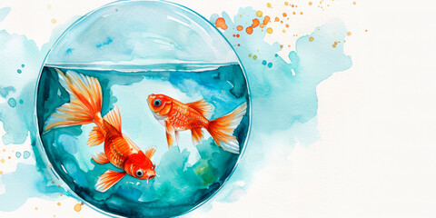 Two goldfish in a round bowl with an artistic watercolor background, creating a peaceful and creative atmosphere. Concept of creativity and tranquility. Suitable for pet businesses, aquarium promotion